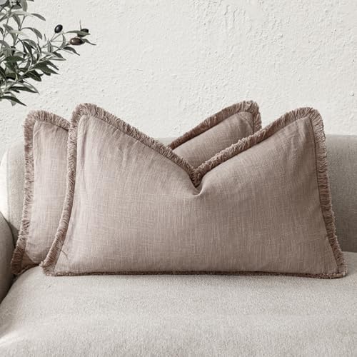 Image of Foindtower Set of 2 Decorative Linen Fringe Lumbar Throw Pillow Covers Farmhouse Cushion Cover with Tassels Soft Accent Pillowcase for Couch Sofa Bed Living Room Home Decor,12x20 Inch,Dusty Pink