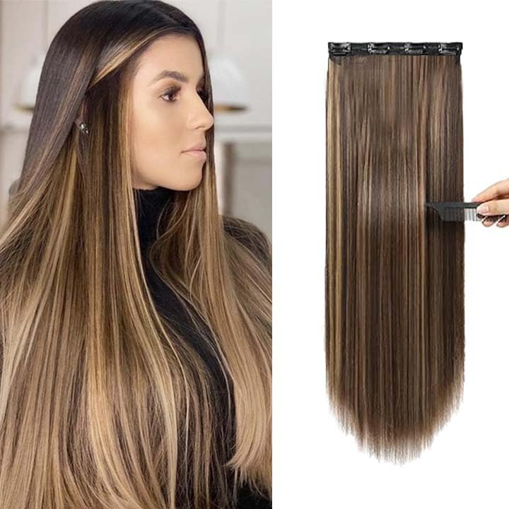 Fully Brown With Golden Blonde Highlights Hair Extensions for Women | 5 Clip-Based Synthetic Long Straight Extension for Women to Increase Hair Volume (Model 10)-image-46