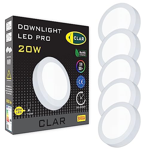 CLAR - Downlight LED Techo Superficie 20W, Plafón Cocina y Baño, Lámpara de Techo, Blanco Frío 6000Kº (Pack 5)