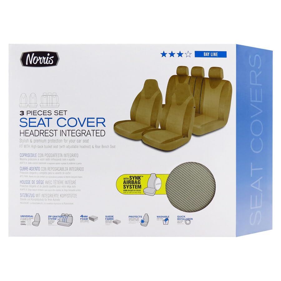 Norris Set Coprisedili Universali per Auto e SUV con Poggiatesta Integrato, Design di Lusso, Lavabili a Mano, Supporto in Spugna, Protezione Completa e Apertura Airbag, Schienale Posteriore Divisibile