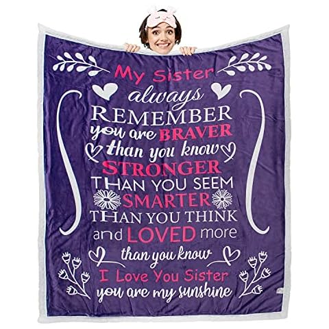 mami home Sister Blanket for Sister, Gorgeous Gift for Sister with Thick Double Layered Sherpa and Fleece Fabric with Heartfelt Message | Purple 50x60 Cover