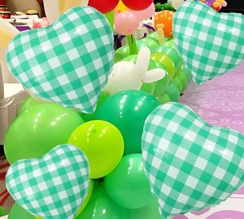 Image of 4pcs 18 inch Green Heart Checked Balloons Striped Plaid Heart Foil Balloons for Spring Party Decorations Picnic Party Decor Love Theme Birthday Party Wedding Baby Shower Versatile Party Decor