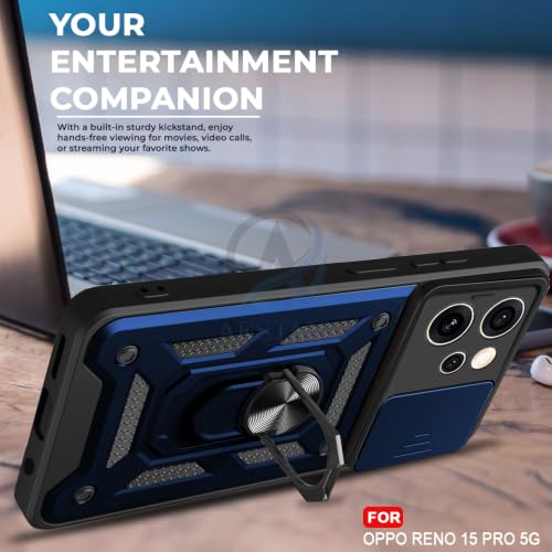 Image of AESTMO Tough Armor Oppo Reno 15 Pro 5G Bumper Back Case Cover | Ring Holder & Sliding Camera Shield Cover | 360 Degree Protection Back Case Cover for Oppo Reno 15 Pro 5G (Blue)