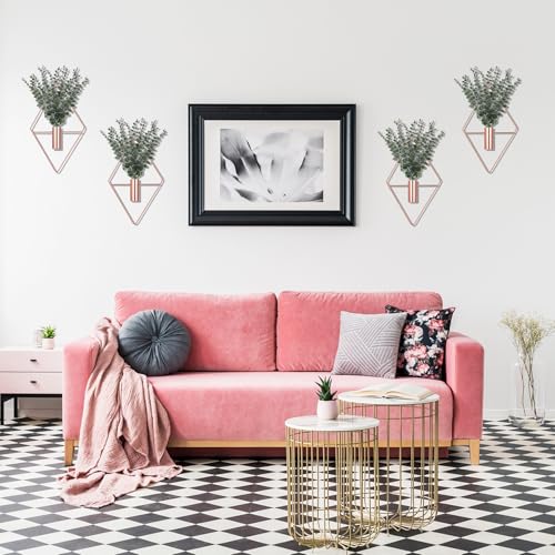 Image of Jexine Hanging Planters with Artificial Eucalyptus Metal Hanging Vase Indoor Plants Holder Modern Geometric Boho Bathroom Wall Decor for Living Room Home Office(Rose Gold,8 Pcs)
