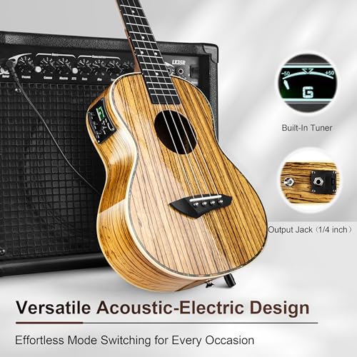 Image of Caramel 26inch CT103 Zebrawood High Gloss Tenor Electric Ukulele Professional Ukelele Kit Beginner Guitar Starter Bundle Strings, Padded Gig Bag, Strap