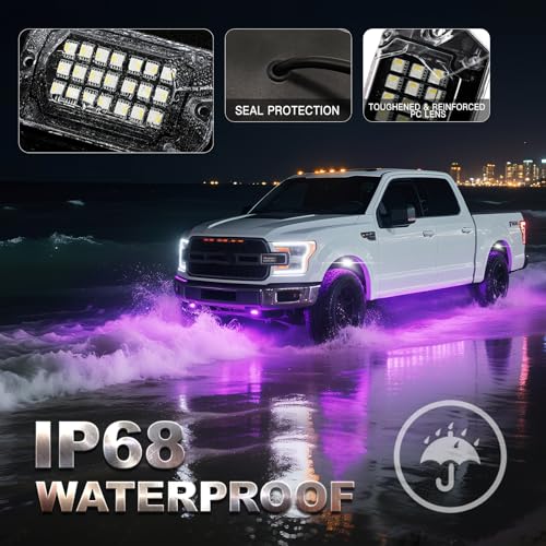 6 Pods Full Angle RGBW LED Rock Lights for UTV ATV Golf Cart RZR SXS Truck Pickup, 12V Waterproof Multicolor Underglow Lights with APP/RF Remote Control Sync Music Mode Neon Underbody Kit