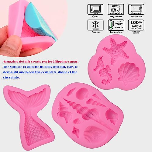 Image of SAKOLLA Mermaid Theme Silicone Fondant Mold - Mermaid Tail Seashell Starfish Hippocampus Conch Silicone Mold for Under The Sea Cake Decoration, Gum Paste, Polymer Clay, Cupcake Decor, Sugar Craft