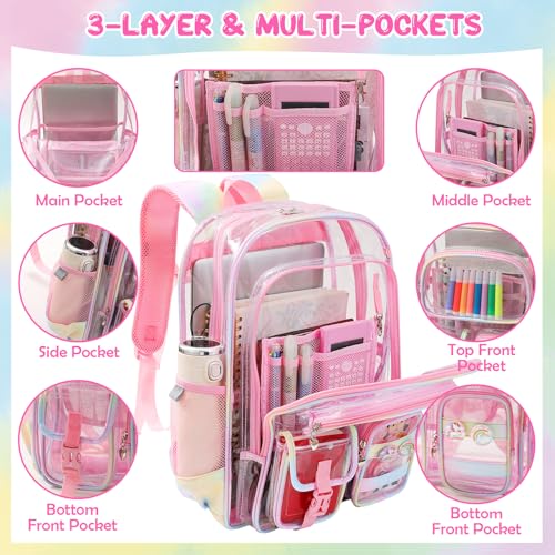 Image of Clear Backpack for School, Heavy Duty PVC Transparent Bookbag Set with Cute Accessories, Double Layer See Through Backpack for Girls Teens Adult