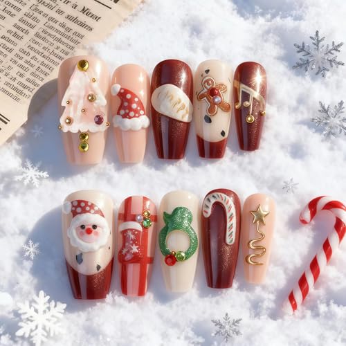 Luxury Christmas Happy Press On Nails, Yacey Reusable Almond Fake Nails, Gingerbread Man French Tip Acrylic False Nails Press Ons, Red 3D Artificial Glossy Glue on Nails for Women Girls 30Pcs/15 Sizes