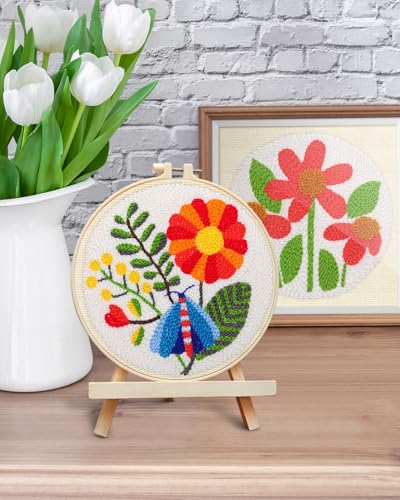 Image of ERKOON Punch Needle Kit Adults Beginners, 2 Pcs DIY Easy Flower Embroidery Set for Starter Art Craft, Needling Punching Project with Patterns, Tools, Yarns, Hoop, Instruction (Safflower)
