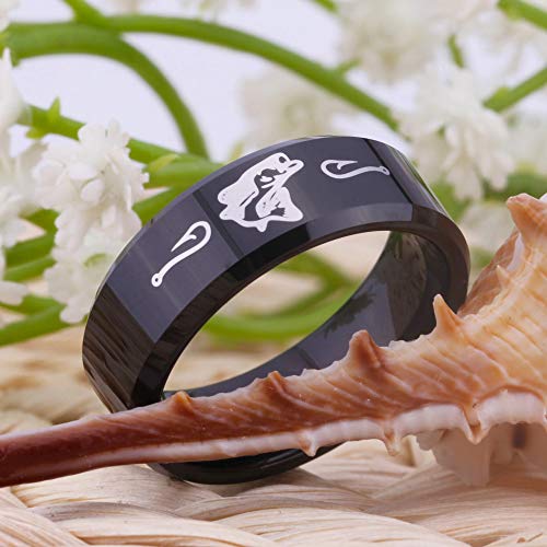 FREE Custom Engraving Black Tungsten Wedding Bands Bass Ring Fishing Ring Fish Hooks Ring Hunting Ring3