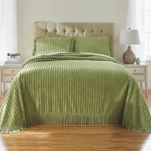 BrylaneHome Oversized Extra Wide Cotton Chenille Bedspread with Fringed Hems - Queen, Peacock