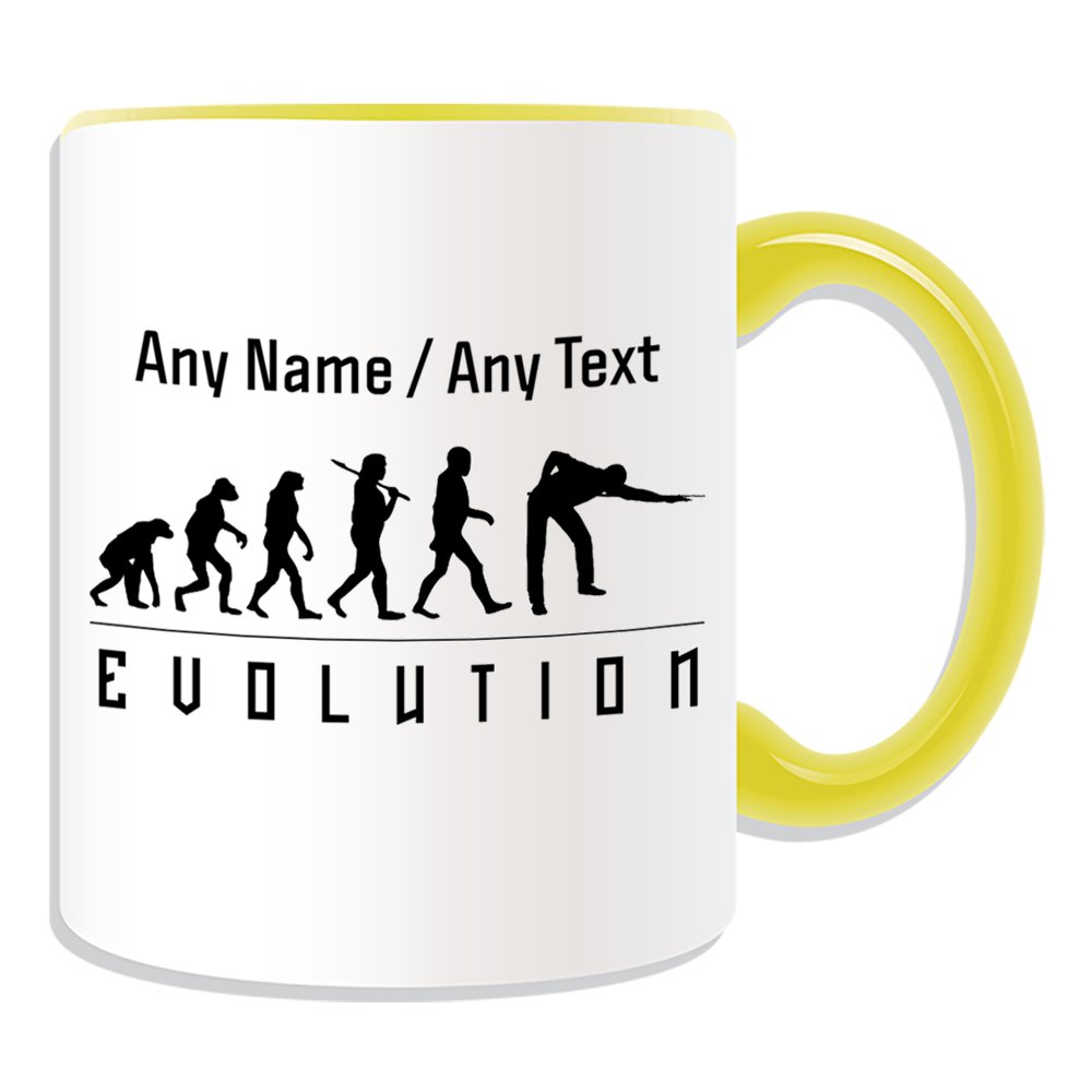 Unigift Yellow Personalised Gift - Pool Mug (Evolution Design Color) Any Name Message On Unique - Team Player Outline Contour Olympic Game Sport Table Pocket Billiards 9 18 Nine Balls Snooker Cue