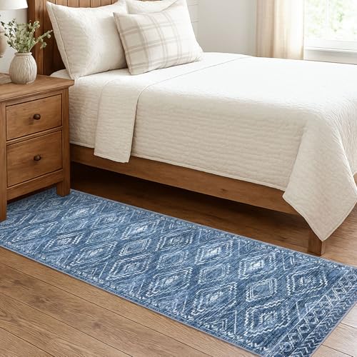 KILOCOCO Hallway Runner Rug 2x7 Runners for Hallways Washable Runner Rug Non Slip Rubber Backed Low-Pile Runners for Bedroom Kitchen Living Room Laundry Room Boho Rugs, Stonewashed Blue