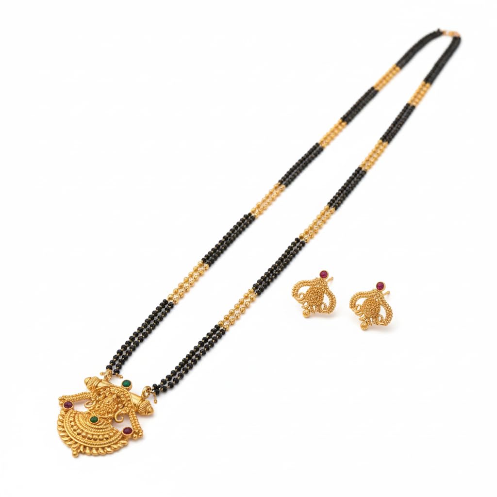 Traditional Maharashtria Gold-Plated Mangalsutra Necklace Set with Matching Earrings | Golden Ball Design, 2 Line Black Beads-image-32