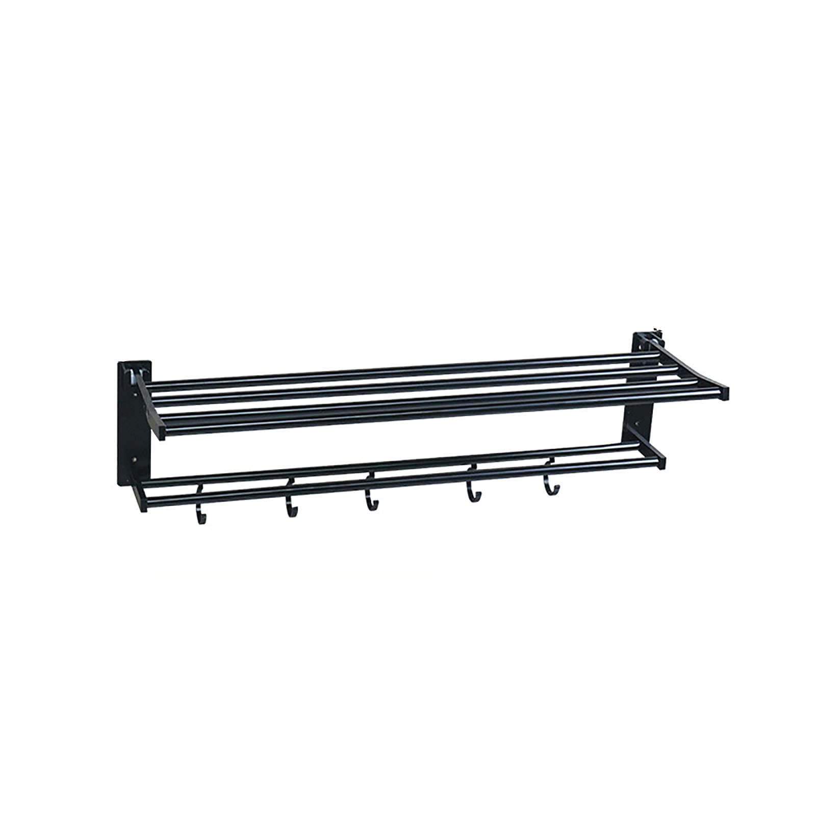 Toallero de baño de aluminio negro de 50 cm con estante doble y ganchos