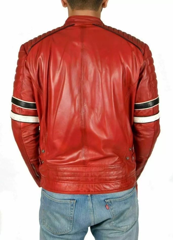 Men's Genuine Red Lambskin Real Leather Slim Fit Biker Motorcycle Jacket3