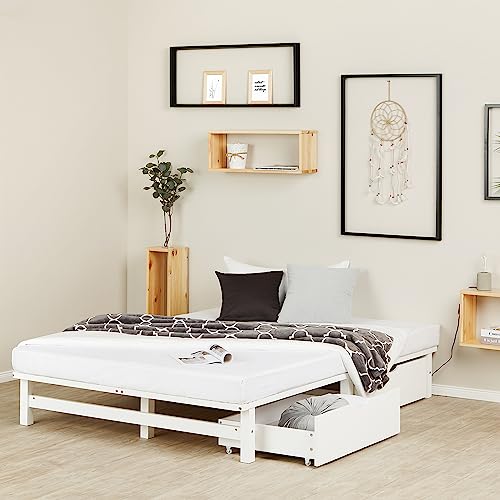 Homestyle4u Holzbett Palettenbett 140x200 cm 2 Schubladen Bettgestell mit Lattenrost Weiß Kiefer Massivholzbett