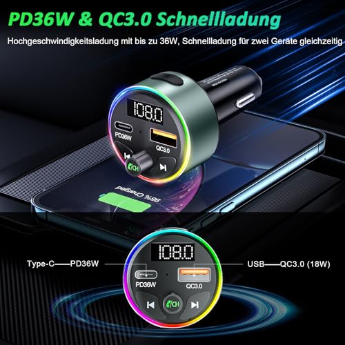 Bluetooth Adapter, SOARUN AUX Bluetooth 5.3 FM Transmitter Auto Radio 54W (PD 36W&QC 3.0 18W) Metall...