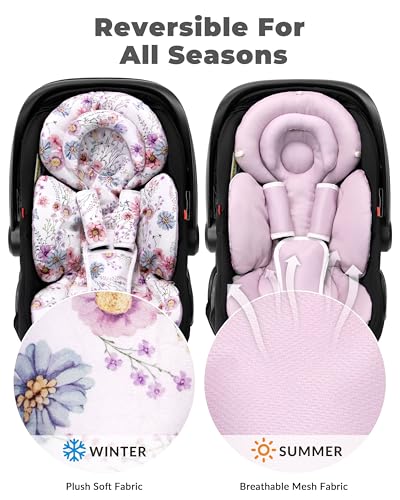Image of TinlyFinly Infant Car Seat Insert with Extra Cushion for Preemie to Toddler, Reversible Newborn Carseat Insert for Baby Head Body Support, Fits for Stroller, Baby Swing, Bouncer (Purple Wildflower)