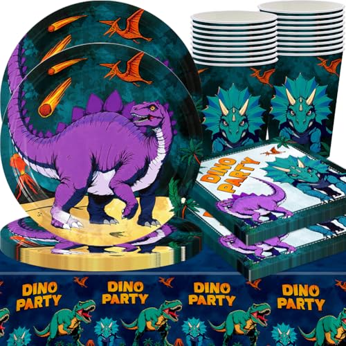 Dinosaurier Tableware Party Set, Comic Dinosaurier Thema Geschirr, Kindergeburtstag Geschirr Kit, Including Plates, Cups, Napkins, Tablecloth, Party Supplies (41PCS, 10 Guests)