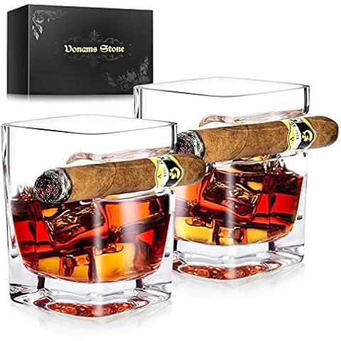 Vonams Stone Cigar Whiskey Glasses Set of 2-12oz Old Fashioned Glass With Side Mounted Holder Rest - Crystal Wine Cup for Cocktails, Scotch, Bourbon, Gifts for Men Cover