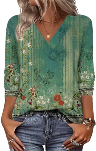 Zeagoo Womens Tops Dressy Casual V Neck Tee Shirts Cute Long Sleeve Blouses Floral Printed T Shirts
