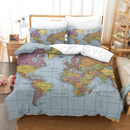 Housse de couette ado carte du monde vintage cadeau idéal 1 place