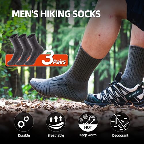 RUNCL Men's Hiking Socks, Merino Wool Cushion Socks, Moisture & Wicking Crew Socks for Outdoor Sports, Xmas Gifts (3 Pairs)2