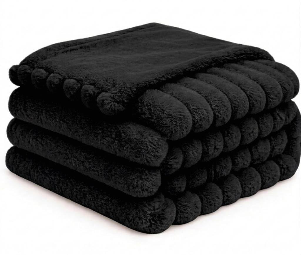 Dripsetter Ribbed Fleece Throws For Sofas Large Bed, Chair Couch | Extra Large Faux Fur Throws Settees Decorative Travel Blanket | Thick Warm Lightweight Fluffy Blanket Black Throw Kingsize, 200x240cm — image 1