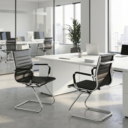 Image of HNY Leather Office Guest & Reception Chairs Set of 2, Modern Waiting Room Chairs with Arms, Desk Chair no Wheels with Sled Base for Conference Room, Black