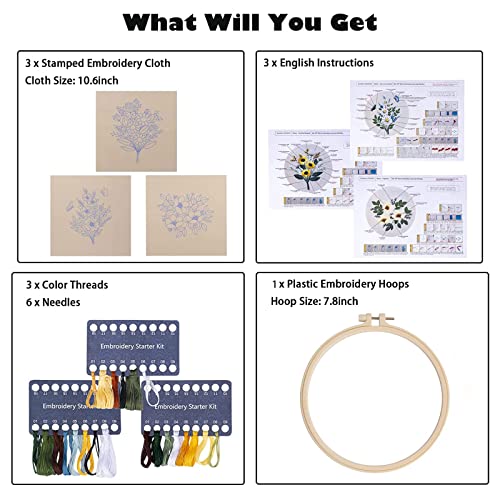 Image of Embroidery Kit for Beginners,Cross Stitch Kits for Adults DIY Craft 3pcs Embroidery Pattern Needlework Fabric Embroidery Thread and Needles 1pcs Embroidery Hoop Adult Stitch Stuff Sewing Kit Gift