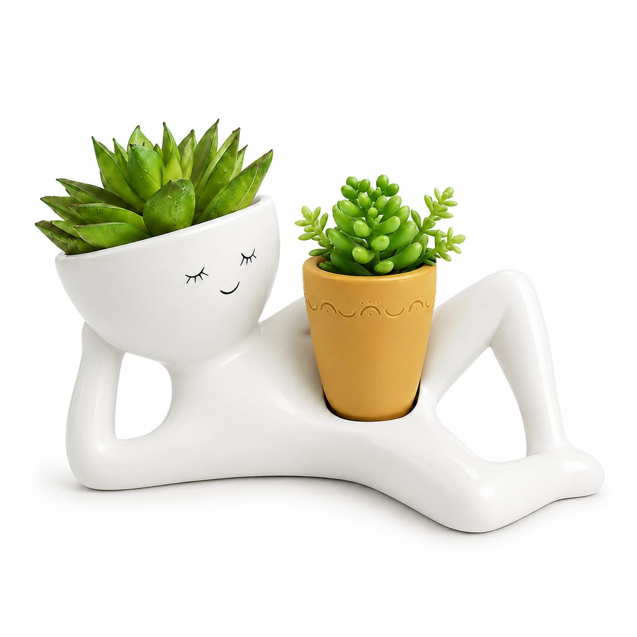 Cinvoma Lazy Guy Planter, Funny Plant Pots with Drainage, 23cm Resin Goofy Garden Pots, Relaxing Person Holding Pot Planter for Succulents Cactus (Yellow)