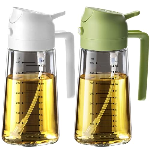 TrendPlain 16oz/470ml Glass Olive Oil Sprayer for Cooking – 2 in 1 Olive Oil Dispenser Bottle for Kitchen Gadgets and Air Fryer Accessories, Salad, BBQ - White & Green