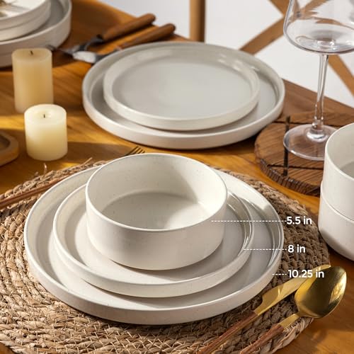 AmorArc Ceramic Dinnerware Set for 4 - Speckled Stoneware Plates & Bowls, 12-Pcs Beige
