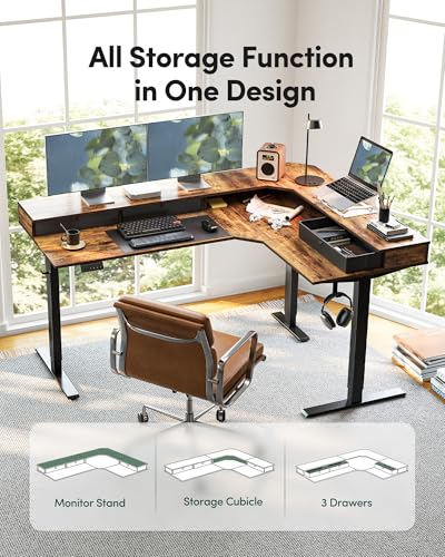 Image of FEZIBO L-Shaped Electric Standing Desk, 63 x 48 Inches Height Adjustable, Reversible Tabletop, Corner Desk with Drawers, Ergonomic Computer Table, Rustic Brown Top
