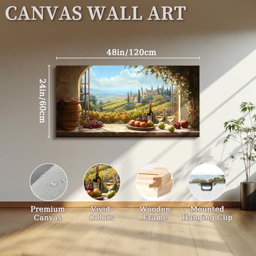 crmotu Faux Window Large Wall Art, Italian Wine Country Landscape Art Prints, Vineyard Picture Kitchen Wall Decor, Sunlit Rustic Grape Fields Paintings for Dining Room Hallway Basement 24x48 Inch