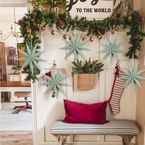 Image of 12 Inches 5 PCS Sage Green Paper Star Lanterns Christmas Party Decorations Hanging Stars Christmas Party Decorations Wedding Birthday Christmas Home Party Decorations(9 Pointed)