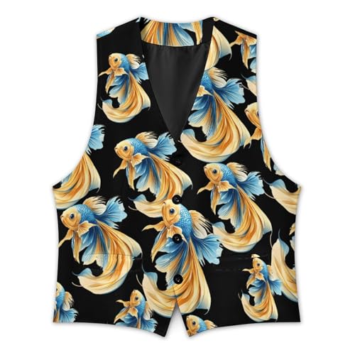 Gold Blue Betta Fish Men's Suit Vest Slim Fit Business Dress Party Pattern Waistcoat Vest Top3