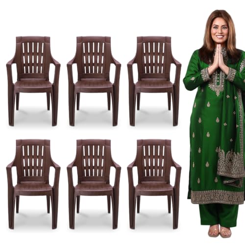 Image of MAHARAJA Heavy Duty Plastic Chairs for Home & Office|200Kg Capacity, Arm Rest (Brown,Pack of 6)