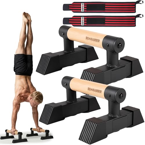 PRO Parallettes Bars for Calisthenics with Wooden Beech Handles | Wrist Support Wrap Included | Heavy-Duty Steel Base | Push-Up L-Sit Planche & Handstand Training Bars for Home Outdoor & Gym Use