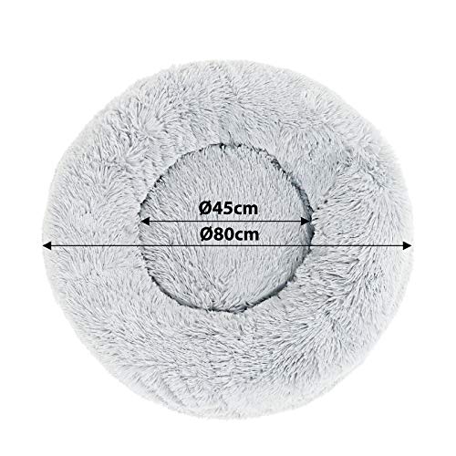 lionto Donutbett für Hunde und Katzen, Flauschiges Hundebett rund für kleine und große Heimtiere, Ø 80 cm, weiches Katzenbett aus kuscheligem Plüsch, Hundekissen mit extra Dicker Füllung, hellgrau