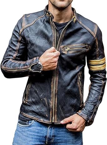 Image of Men's Leather Jacket Cafe Racer Biker Style Retro Stripes Jacket, Motorcycle Racing Leather Jacket Men