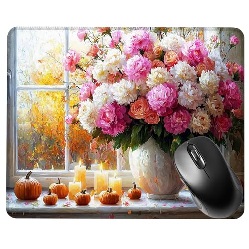 Alfombrilla Ratón Gaming, Mouse Pad, con Base de Goma Antideslizante, Superficie Impermeable, Bordes Cosidos, Compatible con Ratones Láser y Ópticos Portátil, 29x24x0.3cm Calabaza Flores S0F-613