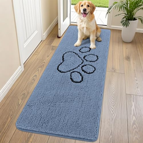 Image of Smiry Dog Door Mat for Muddy Paws, Absorbent Dirt Trapper Non Slip Quick Dry Washable Chenille Mat for Mud Dogs, Entry Rug for Indoor and Outdoor (70x24 Inches, Airy Blue and Black)