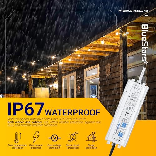 Image of 60W 24V LED Power Supply Driver 2.5A with US Standard 3-Prong Plug by BlueStars - AC 100-260V to 24V DC Constant Voltage Transformer IP67 Waterproof for LED Strip Lights Indoor & Outdoor