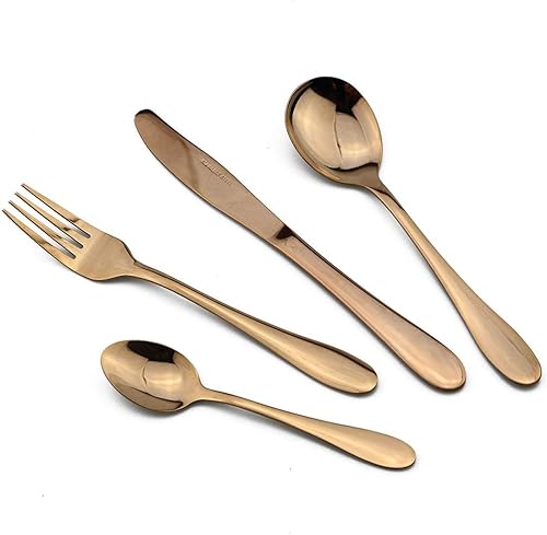 JASHII Juego de vajilla de 4 piezas de acero inoxidable pulido con espejo de oro rosa, juego de cubiertos de acero inoxidable 304, cuchillo,