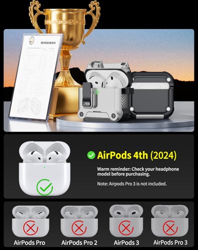 Image of Pohgelan for AirPods 4 Case with Safety Lock-Silver | Magnetic Automatic Lock with Cleaning Kit&Keychain,Compatible with Magsafe