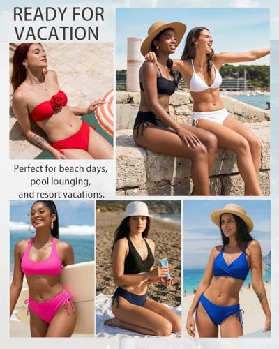 Image of Daci Women Mid Waist Bikini Bottoms - Full Coverage Swim Bathing Suit Bottom Side Tied Swimsuit Bottoms