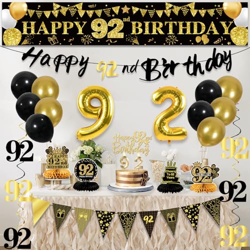 Image of 92nd Birthday Decorations for Men, Black Gold 92nd Party Decorations | 27pcs Happy 92nd Birthdays Set: Banner, Honeycomb, Balloons, Gold Number, Candle, Hanging Swirls, Cake Topper, Party Supplies